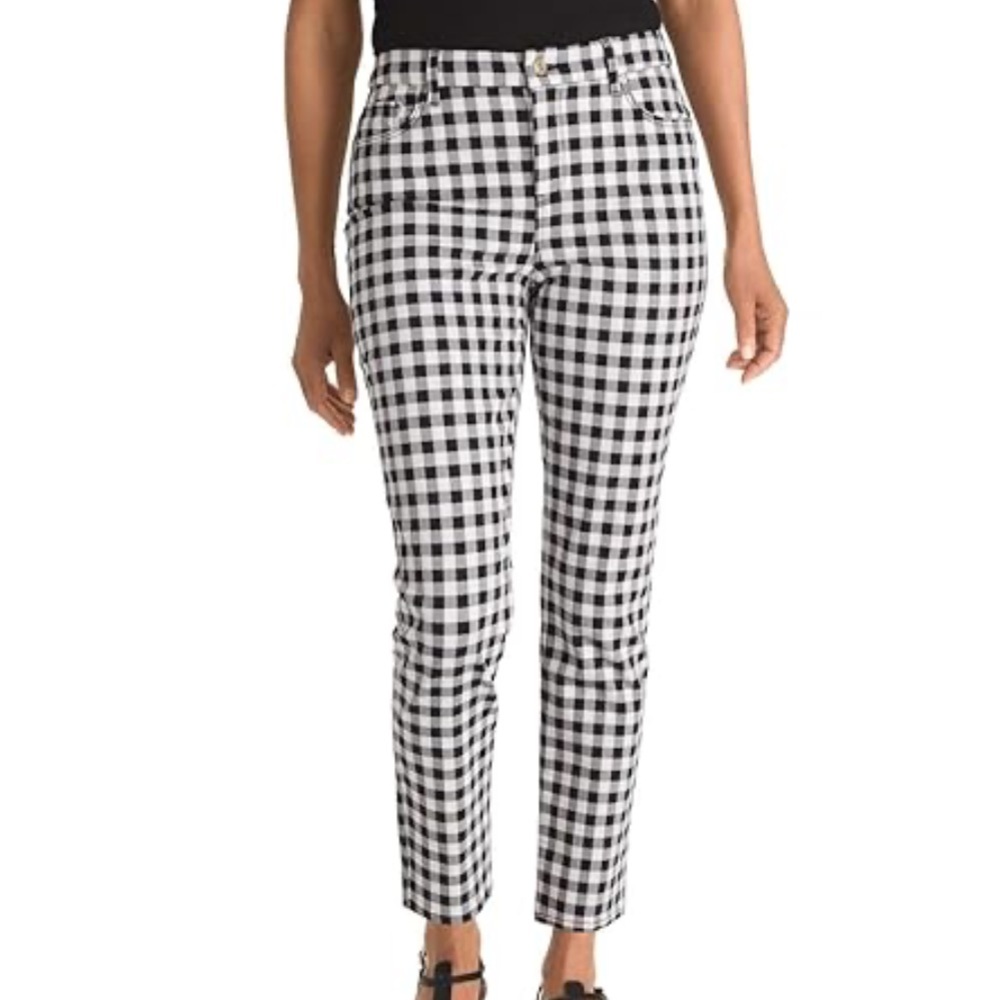 CHICO’S SO SLIMMING GIRLFRIEND SLIM ANKLE GINGHAM BLACK/WHITE JEANS SIZE 14/2.5